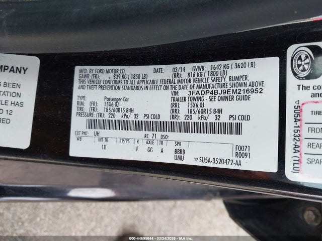 2014 Ford Fiesta Se მანქანა იყიდება აუქციონზე, vin: 3FADP4BJ9EM216952, აუქციონის ნომერი: 44695044