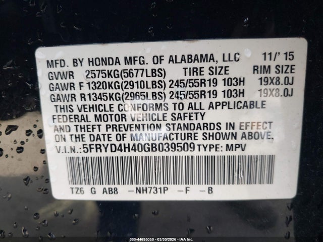 44695050 :رقم المزاد ، 5FRYD4H40GB039509 vin ، 2016 Acura Mdx Technology   Acurawatch Plus Packages/technology Package مزاد بيع