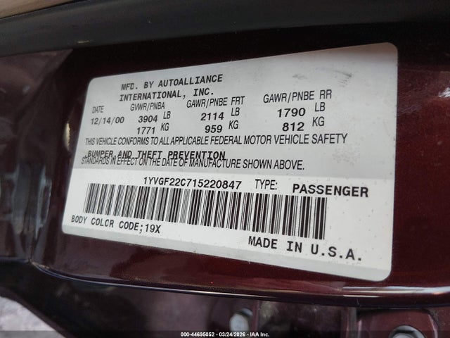 Aukcja sprzedaży 2001 Mazda 626 Es/lx, vin: 1YVGF22C715220847, numer aukcji: 44695052