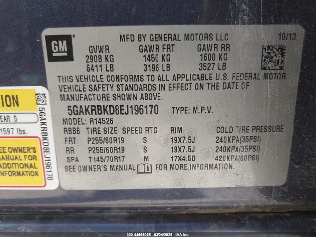44695055 :رقم المزاد ، 5GAKRBKD8EJ196170 vin ، 2014 Buick Enclave Leather مزاد بيع