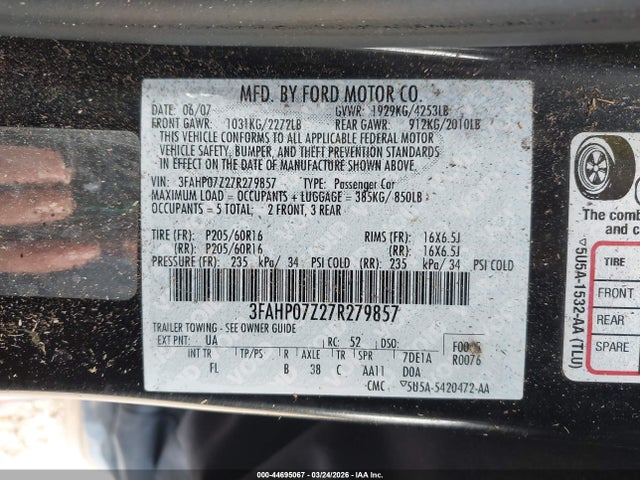 44695067 :رقم المزاد ، 3FAHP07Z27R279857 vin ، 2007 Ford Fusion Se مزاد بيع