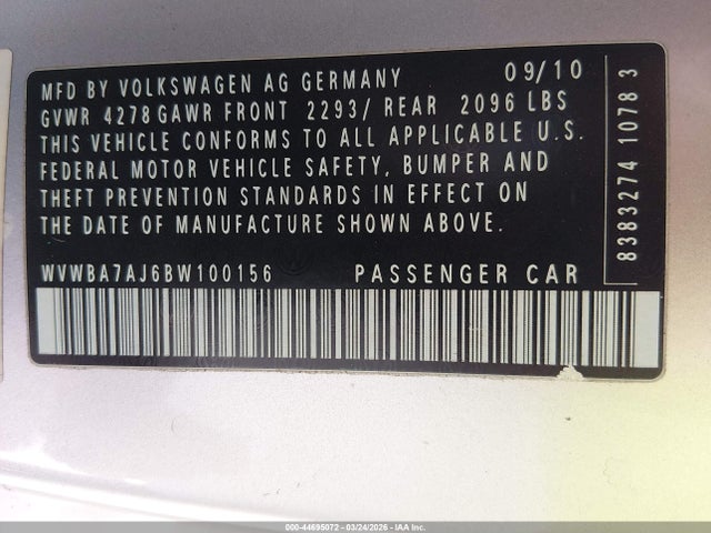 44695072 :رقم المزاد ، WVWBA7AJ6BW100156 vin ، 2011 Volkswagen Golf 2.5l 2-door مزاد بيع