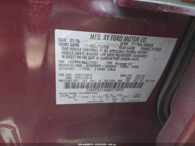 2006 FORD FIVE HUNDRED 1FAFP25106G174921 Photo 8