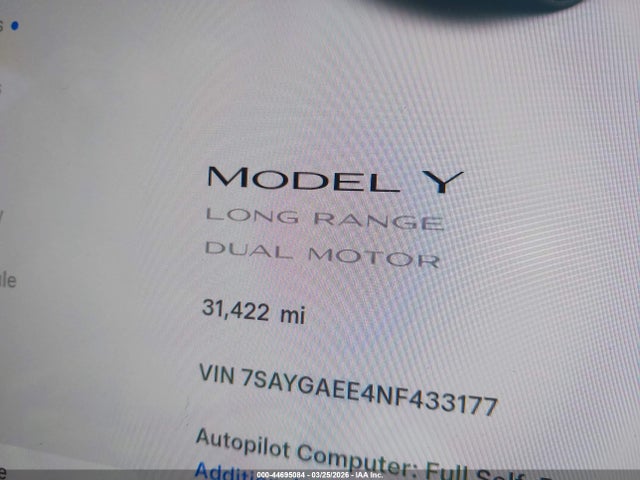 Aukcja sprzedaży 2022 Tesla Model Y Long Range Dual Motor All-wheel Drive, vin: 7SAYGAEE4NF433177, numer aukcji: 44695084