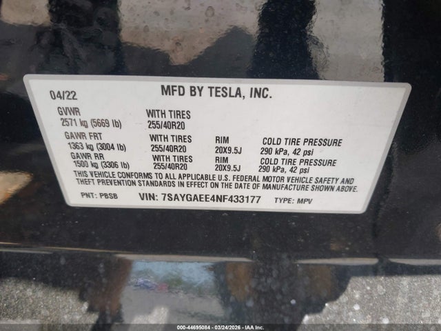 Aukcja sprzedaży 2022 Tesla Model Y Long Range Dual Motor All-wheel Drive, vin: 7SAYGAEE4NF433177, numer aukcji: 44695084