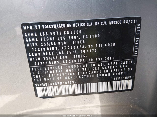 Продажа на аукционе авто 2024 Volkswagen Tiguan 2.0t Se/2.0t Wolfsburg Edition, vin: 3VVMB7AX8RM182395, номер лота: 44695124