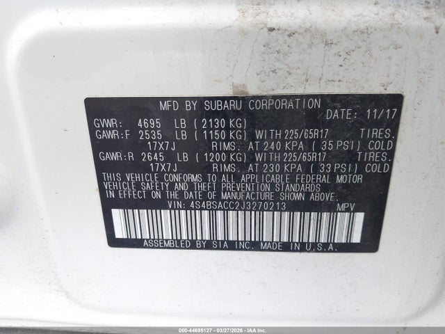 Aukcja sprzedaży 2018 Subaru Outback 2.5i Premium, vin: 4S4BSACC2J3270213, numer aukcji: 44695127