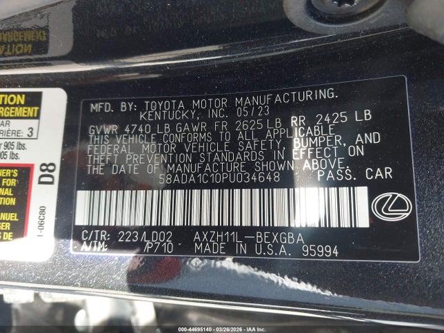 Aukcja sprzedaży 2023 Lexus Es 300h, vin: 58ADA1C10PU034648, numer aukcji: 44695140