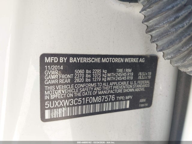 44695162 :رقم المزاد ، 5UXXW3C51F0M87576 vin ، 2015 Bmw X4 Xdrive28i مزاد بيع