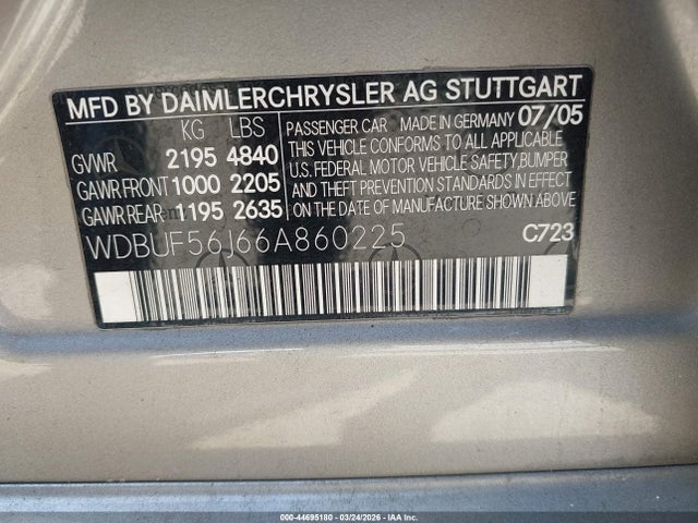 Aukcja sprzedaży 2006 Mercedes-benz E 350, vin: WDBUF56J66A860225, numer aukcji: 44695180