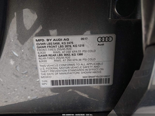 44695194 :رقم المزاد ، WA1BNAFY9J2016937 vin ، 2018 Audi Q5 2.0t Premium/2.0t Tech Premium مزاد بيع