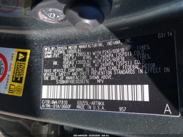 Toyota Highlander Le V6 2014 5TDBKRFHXES028316 Image 9