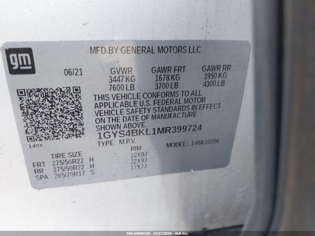 2021 Cadillac Escalade 4wd Premium Luxury მანქანა იყიდება აუქციონზე, vin: 1GYS4BKL1MR399724, აუქციონის ნომერი: 44695326