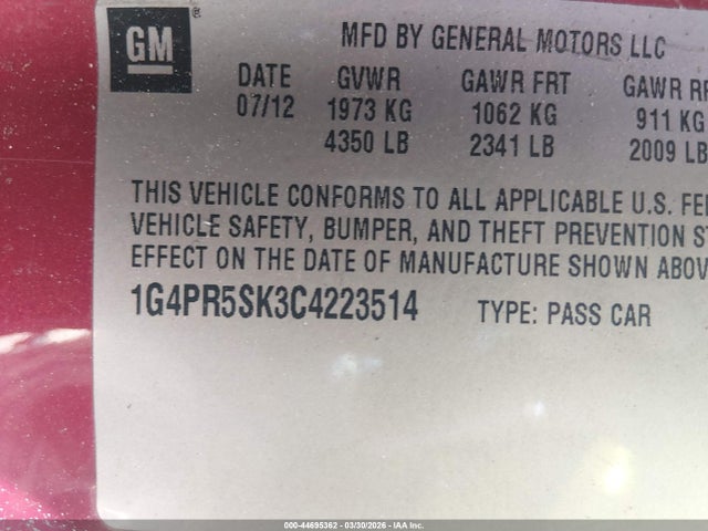 2012 Buick Verano Convenience Group მანქანა იყიდება აუქციონზე, vin: 1G4PR5SK3C4223514, აუქციონის ნომერი: 44695362