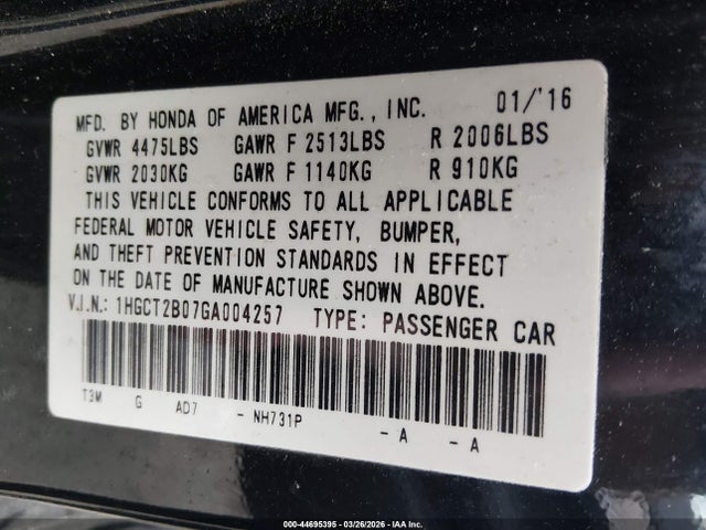 1HGCT2B07GA004257 Honda Accord Touring