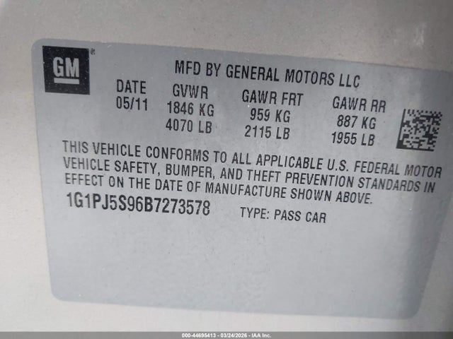 44695413 :رقم المزاد ، 1G1PJ5S96B7273578 vin ، 2011 Chevrolet Cruze Eco مزاد بيع