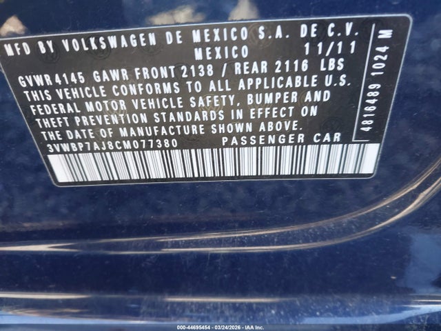 Продаж на аукціоні авто 2012 Volkswagen Jetta 2.5l Se, vin: 3VWBP7AJ8CM077380, номер лоту: 44695454