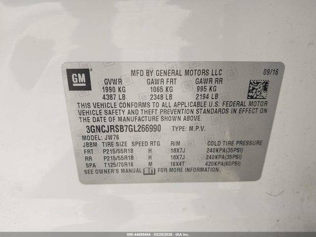 Продаж на аукціоні авто 2016 Chevrolet Trax Ltz, vin: 3GNCJRSB7GL266990, номер лоту: 44695464