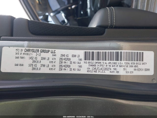 Auction sale of the 2012 Jeep Grand Cherokee Srt8, vin: 1C4RJFDJ4CC265274, lot number: 44695466