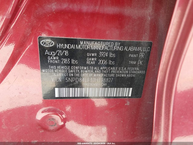 5NPD84LF3JH398827 Hyundai ELANTRA SEL