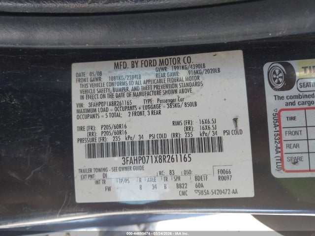 2008 FORD FUSION 3FAHP071X8R261165 Photo 8
