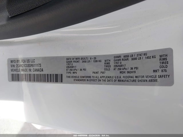 44695506 :رقم المزاد ، 2C4RC1CG8SR611173 vin ، 2025 Chrysler Voyager Lx مزاد بيع