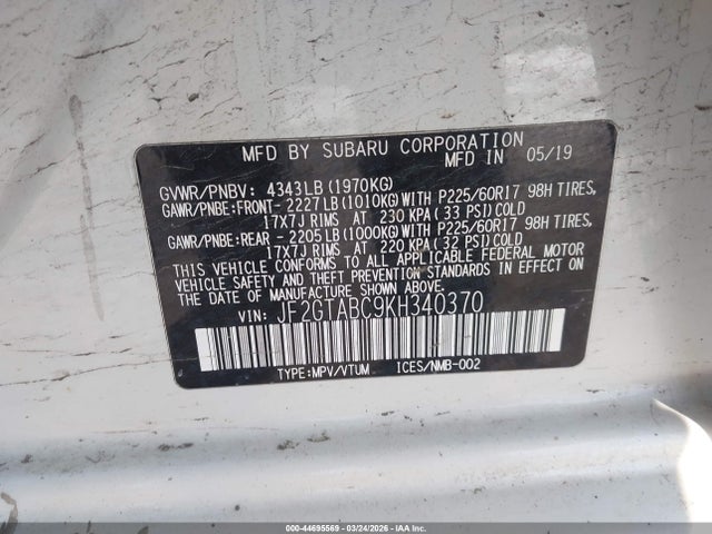 Продажа на аукционе авто 2019 Subaru Crosstrek 2.0i, vin: JF2GTABC9KH340370, номер лота: 44695569
