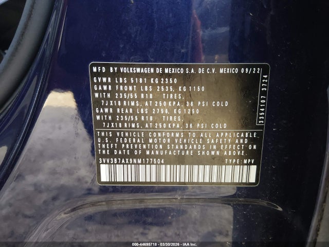 Продаж на аукціоні авто 2022 Volkswagen Tiguan 2.0t Se, vin: 3VV3B7AX9NM177504, номер лоту: 44695718