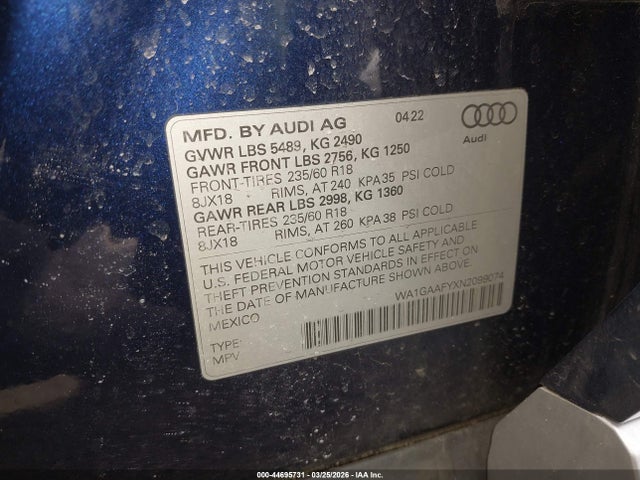 44695731 :رقم المزاد ، WA1GAAFYXN2099074 vin ، 2022 Audi Q5 Premium 45 Tfsi S Line Quattro S Tronic مزاد بيع