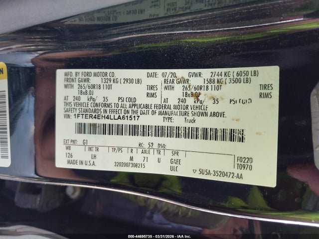 Aukcja sprzedaży 2020 Ford Ranger Xlt, vin: 1FTER4EH4LLA61517, numer aukcji: 44695735