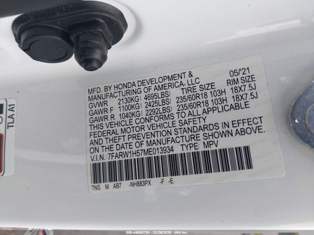 44695750 :رقم المزاد ، 7FARW1H57ME013934 vin ، 2021 Honda Cr-v 2wd Ex مزاد بيع