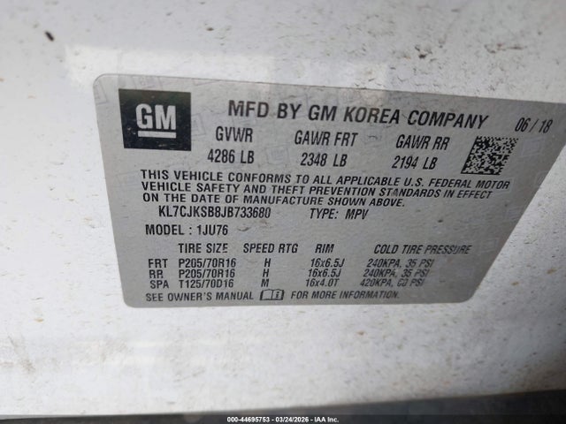 KL7CJKSB8JB733680 Chevrolet TRAX LS