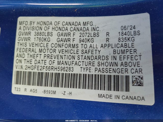 2024 HONDA CIVIC 2HGFE2F56RH596283 Photo 8