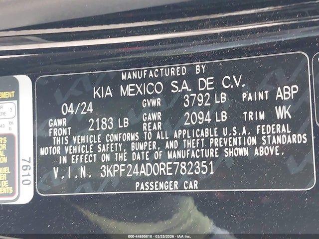 Aukcja sprzedaży 2024 Kia Forte Lxs, vin: 3KPF24AD0RE782351, numer aukcji: 44695818