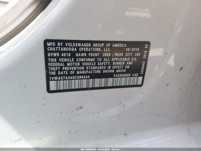Aukcja sprzedaży 2016 Volkswagen Passat 1.8t R-line, vin: 1VWAS7A34GC066444, numer aukcji: 44695838