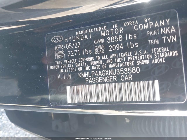 Aukcja sprzedaży 2022 Hyundai Elantra Limited, vin: KMHLP4AGXNU353580, numer aukcji: 44695897