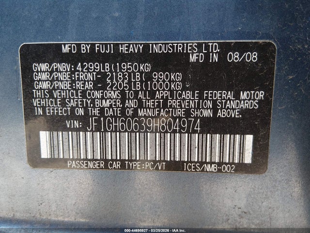 44695927 :رقم المزاد ، JF1GH60639H804974 vin ، 2009 Subaru Impreza 2.5i مزاد بيع