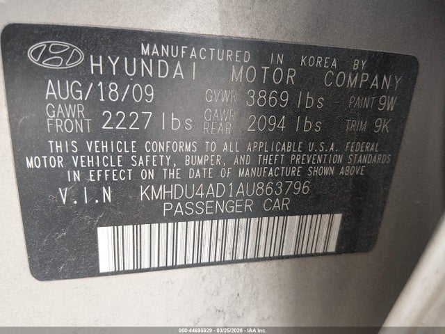 Продаж на аукціоні авто 2010 Hyundai Elantra Gls, vin: KMHDU4AD1AU863796, номер лоту: 44695929