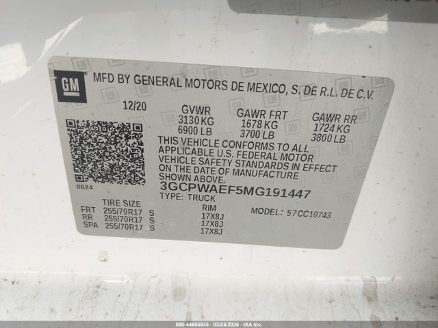 Продаж на аукціоні авто 2021 Chevrolet Silverado 1500 2wd  Standard Bed Wt, vin: 3GCPWAEF5MG191447, номер лоту: 44695935