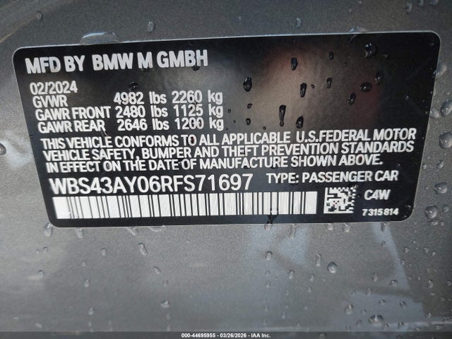 Aukcja sprzedaży 2024 Bmw M3 Competition Xdrive, vin: WBS43AY06RFS71697, numer aukcji: 44695955