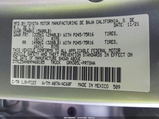 3TMCZ5AN8NM468105 Toyota Tacoma Sr5 V6