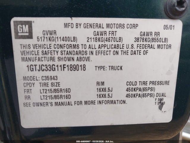 Aukcja sprzedaży 2001 Gmc Sierra 3500 Sl, vin: 1GTJC33G11F189018, numer aukcji: 44695987