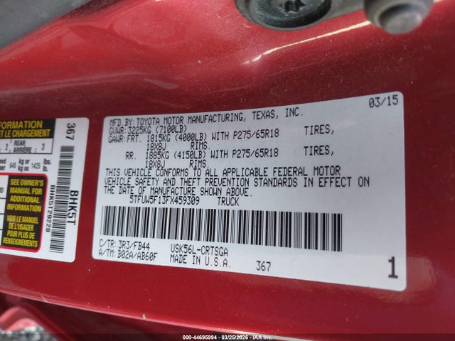 5TFUW5F13FX459309 Toyota Tundra Sr5 5.7l V8
