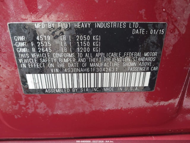 Aukcja sprzedaży 2015 Subaru Legacy 2.5i Premium, vin: 4S3BNAH61F3042631, numer aukcji: 44695999