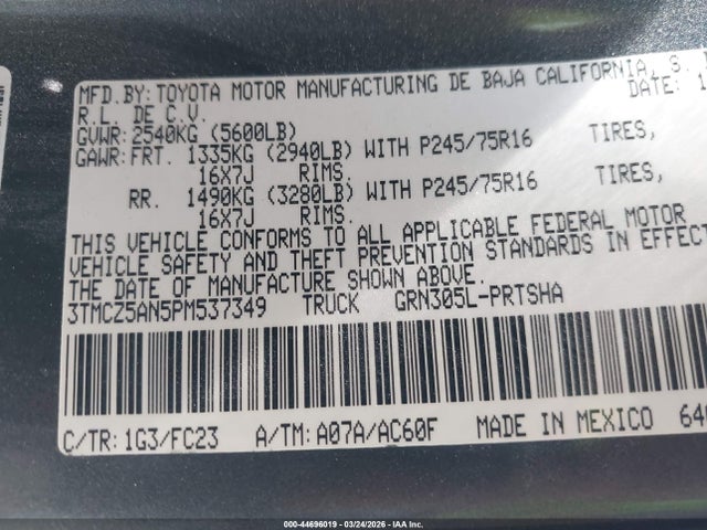 Toyota Tacoma Double Cab/sr/sr5/trail/trd Sport/trd Off Road/trd Pro 2023 3TMCZ5AN5PM537349 Image 9