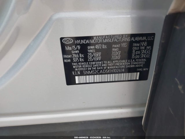 2019 Hyundai Santa Fe Se მანქანა იყიდება აუქციონზე, vin: 5NMS2CAD5KH102614, აუქციონის ნომერი: 44696026