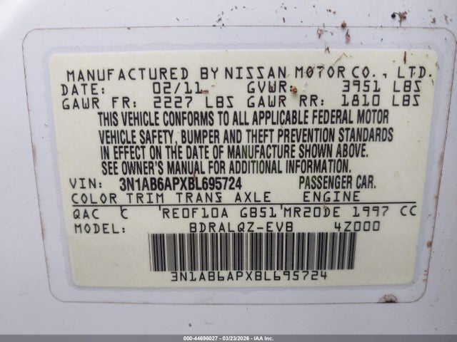 2011 Nissan Sentra 2.0 მანქანა იყიდება აუქციონზე, vin: 3N1AB6APXBL695724, აუქციონის ნომერი: 44696027
