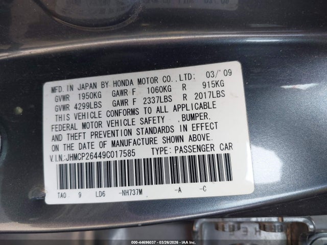 44696037 :رقم المزاد ، JHMCP26449C017585 vin ، 2009 Honda Accord 2.4 Lx-p مزاد بيع