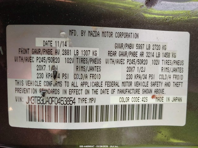 44696047 :رقم المزاد ، JM3TB3DA0F0453854 vin ، 2015 Mazda Cx-9 Grand Touring مزاد بيع
