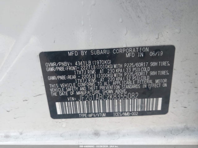 Продажа на аукционе авто 2019 Subaru Crosstrek 2.0i, vin: JF2GTABC2K8355082, номер лота: 44696063